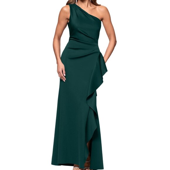 Xscape Hunter Green One-Shoulder Scuba Ruffle Gown - Picture 1 of 3